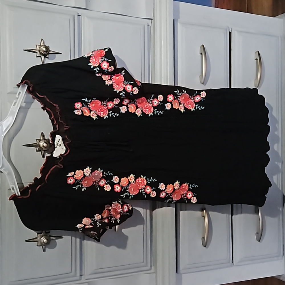 Savanna Jane Black Mini Dress with Pink and Orange Floral Embroidery